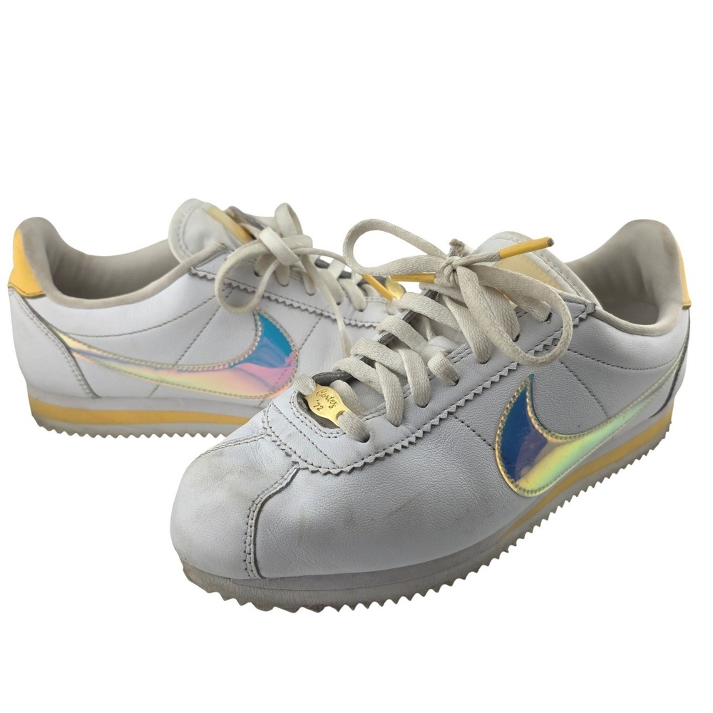 Nike Cortez 72 Sneakers Womens White Yellow FAIR Iridescent Swoosh Shoes‎ 7.5